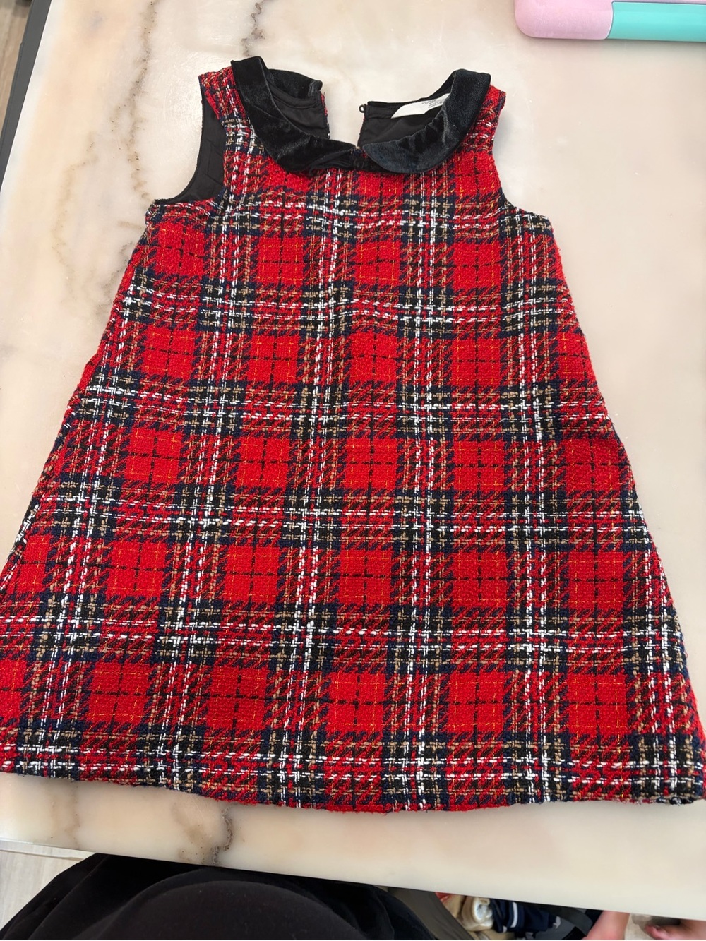H&M Red Plaid Sleeveless Dress with Black Collar